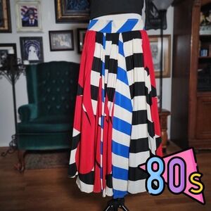 Vintage 80s Chloé Pleated Maxi Skirt Bold Red Blue Black White Made‎ in France